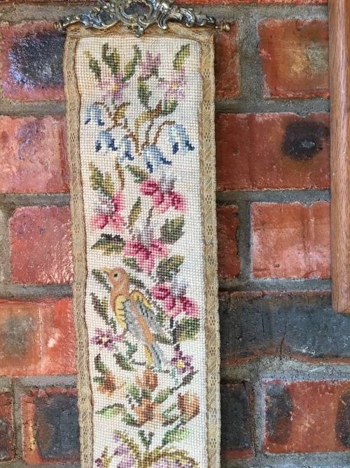Complete Victorian Hanging Brass Bell with spring and Needlepoint Bell Pull