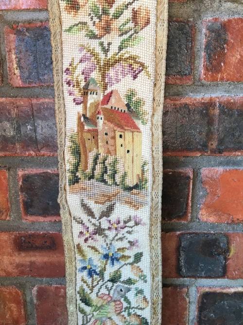 Complete Victorian Hanging Brass Bell with spring and Needlepoint Bell Pull