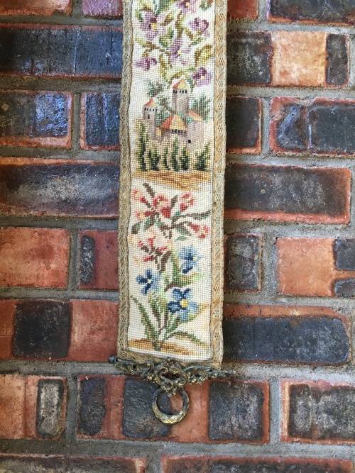 Complete Victorian Hanging Brass Bell with spring and Needlepoint Bell Pull