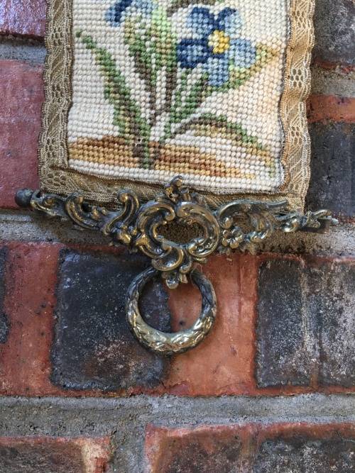 Complete Victorian Hanging Brass Bell with spring and Needlepoint Bell Pull
