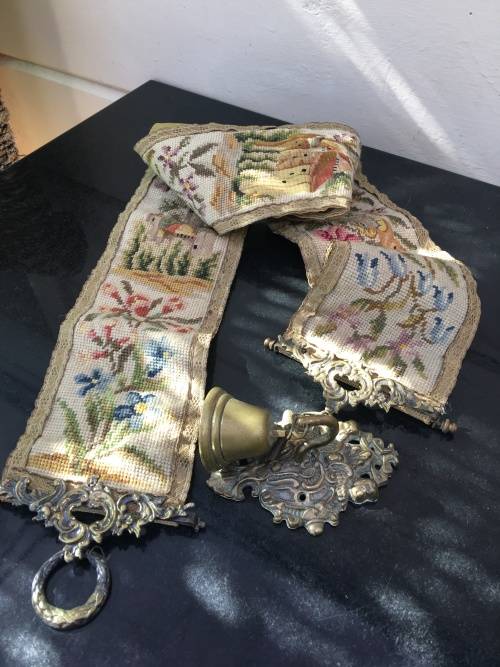 Complete Victorian Hanging Brass Bell with spring and Needlepoint Bell Pull