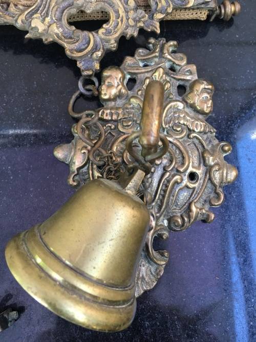 Complete Victorian Hanging Brass Bell with spring and Needlepoint Bell Pull