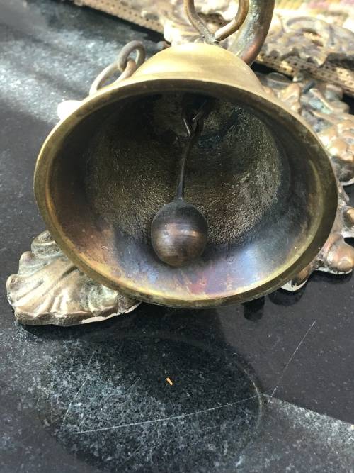 Complete Victorian Hanging Brass Bell with spring and Needlepoint Bell Pull