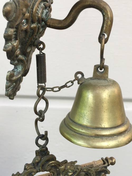Complete Victorian Hanging Brass Bell with spring and Needlepoint Bell Pull