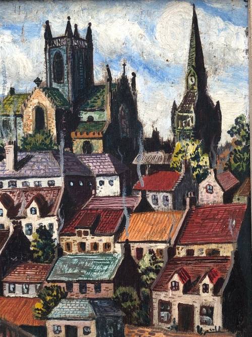 STUNNING VINTAGE OIL ON BOARD CITYSCAPE PAINTING , IN A VINTAGE FRAME