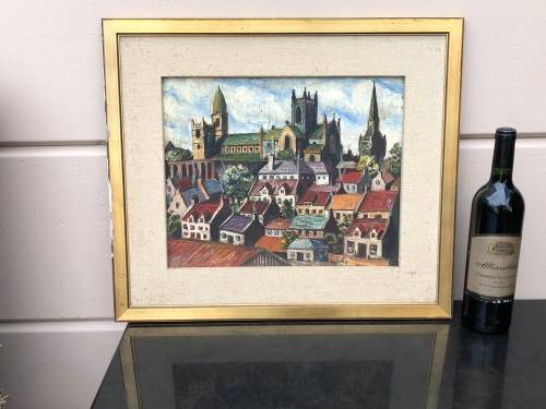 STUNNING VINTAGE OIL ON BOARD CITYSCAPE PAINTING , IN A VINTAGE FRAME