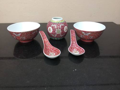 5 pieceVintage Chinese Red Enamel Hand Painted porcelain