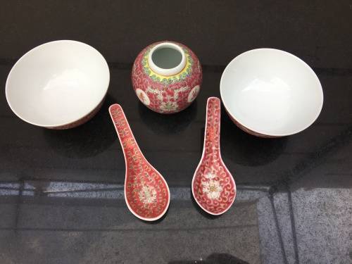 5 pieceVintage Chinese Red Enamel Hand Painted porcelain