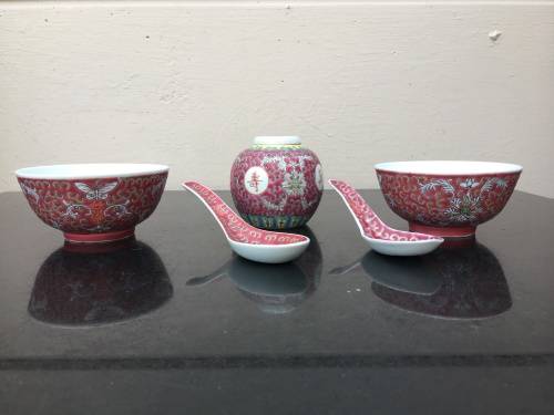 5 pieceVintage Chinese Red Enamel Hand Painted porcelain