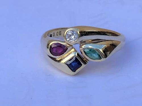 SCINTILLATING 9ct YELLOW GOLD DESIGNER DRESS RING WITH MULTIPLE PRECIOUS STONES. CHECK DESCRIPTION