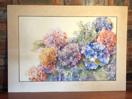 GERALDINE GULSTON (SA 20th CENTURY) LARGE UNFRAMED WATERCOLOUR PAINTING `HYDRANGEAS`