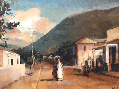 BEN COUTOUVIDIS (ZIM / SA 1970 - ) STUNNING FRAMED OIL CANVAS STREET SCENE PAINTING