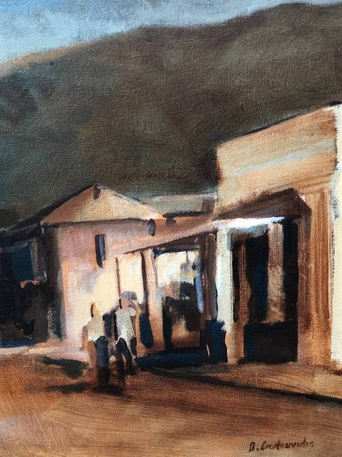 BEN COUTOUVIDIS (ZIM / SA 1970 - ) STUNNING FRAMED OIL CANVAS STREET SCENE PAINTING