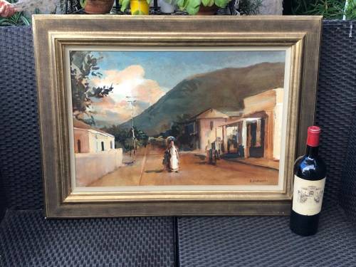 BEN COUTOUVIDIS (ZIM / SA 1970 - ) STUNNING FRAMED OIL CANVAS STREET SCENE PAINTING