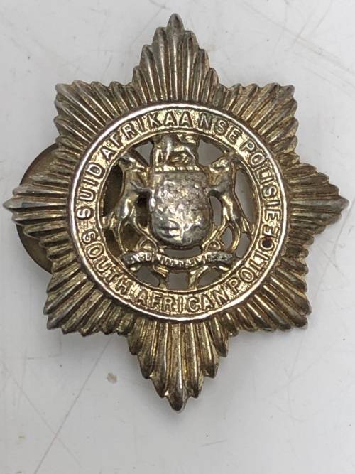 SOUTH AFRICAN POLICE SERVICE CHROMED COLLAR BADGE c1980`s - ONE LUG MISSING