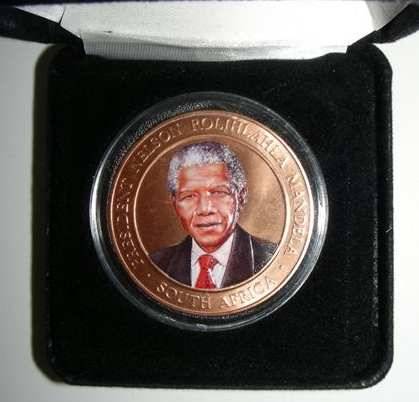 Colourised Mandela Bronze medallion + free Mandela 46664 Black arm band