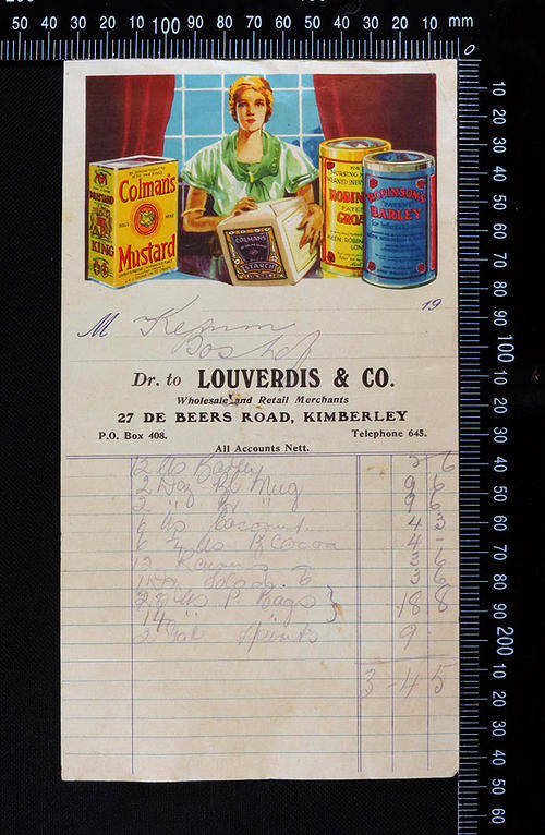 Colorful Antique invoice DR. to Louverdis and Co - Kimberley 1930's