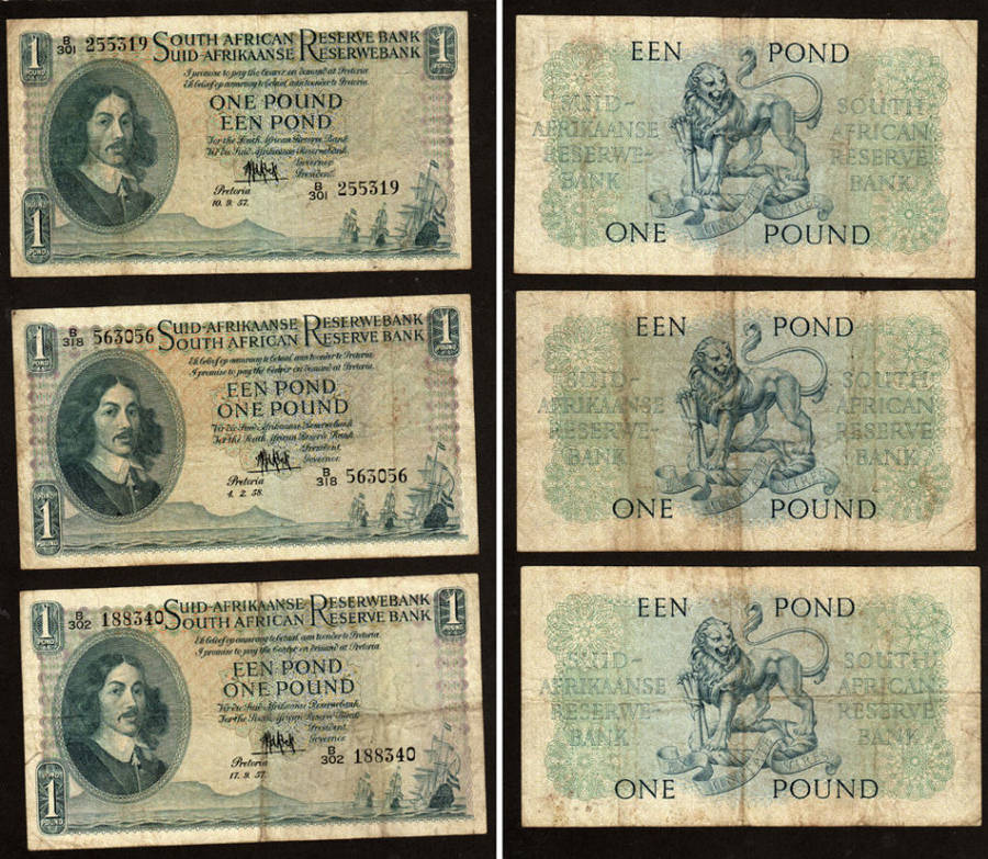 SA Union: 1956-1958 Six (x6) One Pound Banknotes MH de Kock