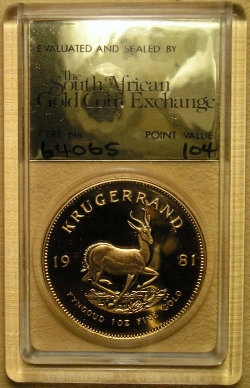 1981 Proof 1oz Gold Krugerrand Graded by The South African Gold Coin Exchange with Point Value 104