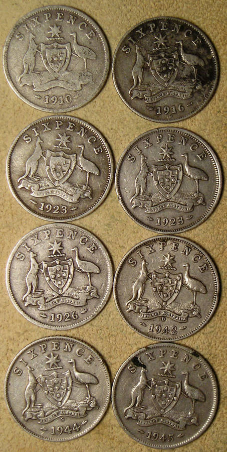 Australia: 1910-1945 Eight (x8) 92.5% Silver Sixpences