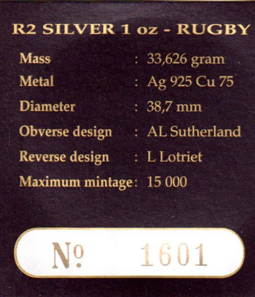 1995 Proof Silver 2 Rand - RUGBY. In Case with Certificate