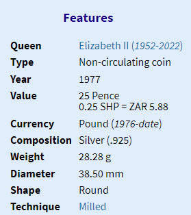 Tristan Da Cunha: Proof Silver Crown (25 Pence) for the Silver Jubilee of Queen Elizabeth II in 1977