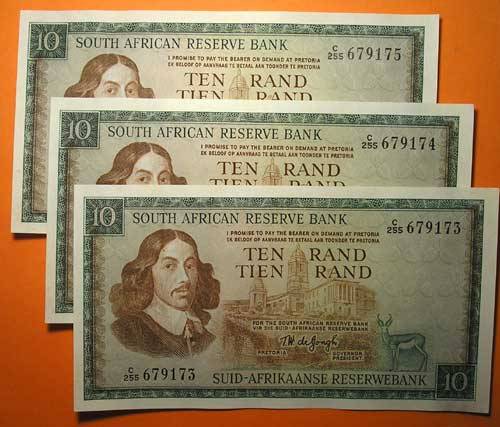 Three (x3) Sequence Ten Rand TW de Jongh 1st * EF *