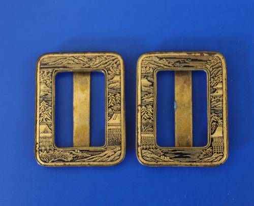 Antique Brass Shoe Buckles with Chinese Detail