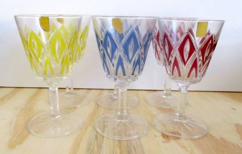 Vintage Retro French Reims Harlequin Wine Glasses - Set of Six - Made in France