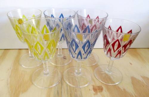 Vintage Retro French Reims Harlequin Wine Glasses - Set of Six - Made in France
