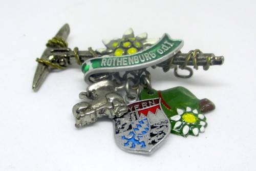 Vintage German hat pin Rothenburg, Edelweiss, Hanging from Ice Pick, the Bayern Shield, Hat, Boot.