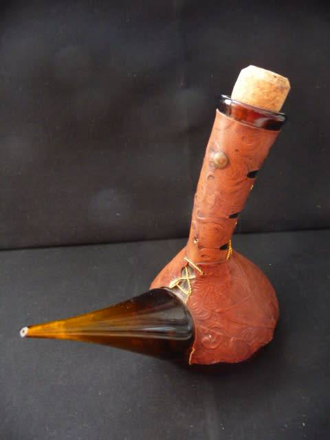 Vintage Decanter, Embossed Leather Wine Vessel, Don Quixote Decor, Made In Spain. 240mm high.