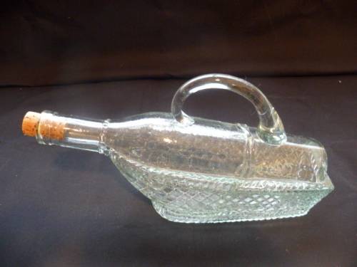 Mid Century Novelty Pressed Glass Wine Decanter Bottle in Basket with cork