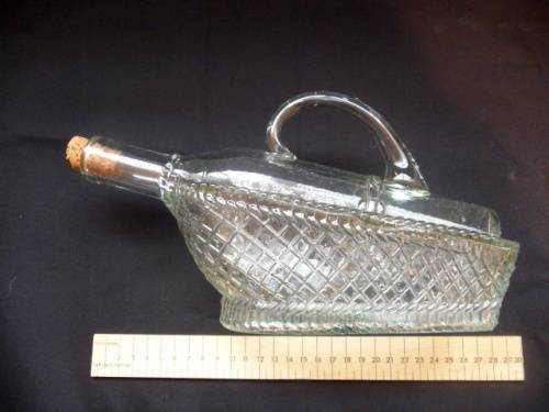Mid Century Novelty Pressed Glass Wine Decanter Bottle in Basket with cork