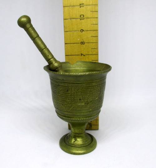 Antique Miniature Brass Mortar and Pestle. Apothecary. Hand Engraved.