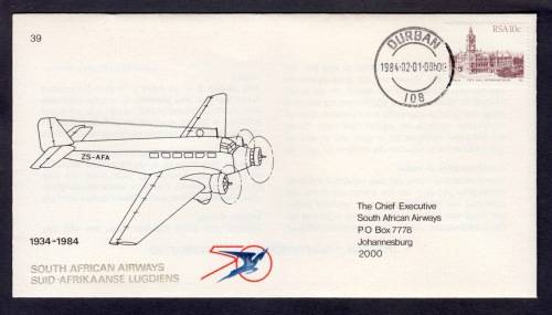 SA AIRWAYS 1934 - 1984 FLIGHT COVER 39 Flight from Durban