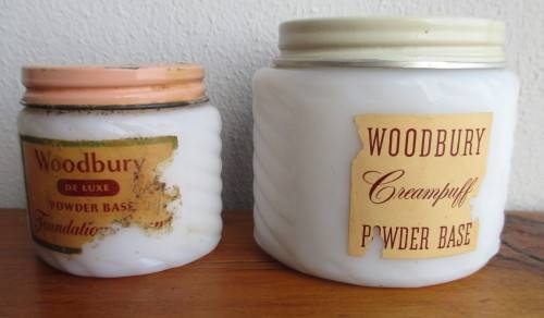 2 X VINTAGE WOODBURY COSMETIC JARS - MILK GLASS. ONE STILL UNOPENED.
