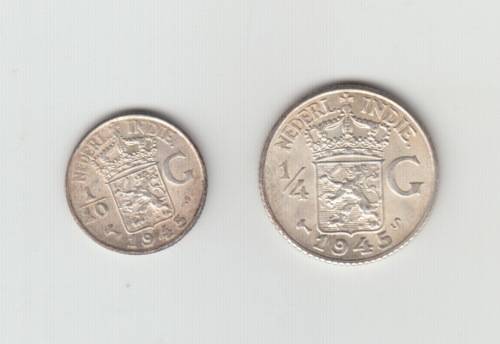 1945  Silver Netherlands Indies Wilhelmina 1/10 Gulden and 1/4 Gulden, Almost UNC.