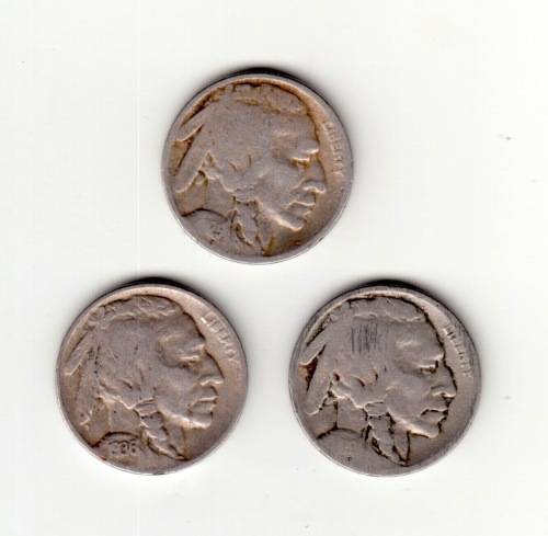 3x USA Buffalo Five Cents. 1929, 1936 and one other.