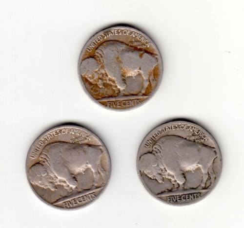 3x USA Buffalo Five Cents. 1929, 1936 and one other.