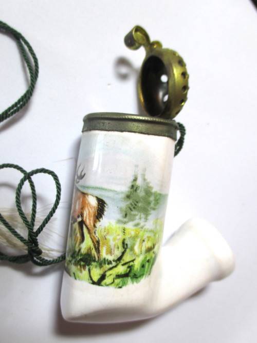 Porcelain  Cavalier Style Hunter`s Pipe with lid, Vintage Souvenir Western Germany Stag.