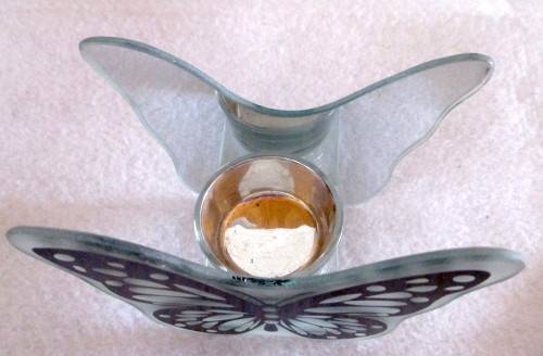 Butterfly Glass Tea Light Candle. 100mm high.