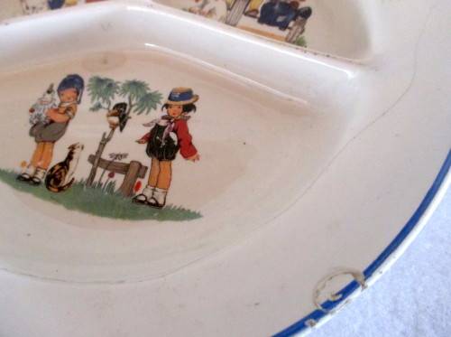 Vintage Baby Dish. Divided with Painted Nursery Pictures. Hot Water Warmer. Note Chips. 21 Diameter.