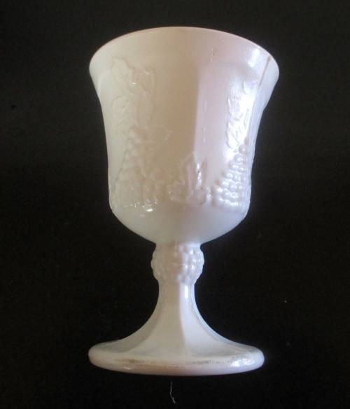 Vintage MilkGlass Chalice with Detailed Vine Pattern & Grapes. Gorgeous. 135mm high.