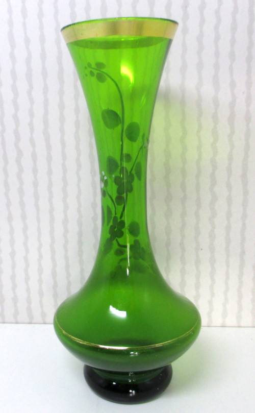 Vintage Bohemian Emerald Green Glass Vase with Hand Painted Enamel Flower & Gold Trim. 18cm high.