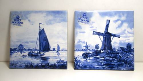 2 x Blue and White Royal Crown Delft Holland Tiles.  110 x110mm. As per Photo.