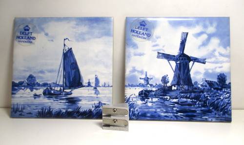 2 x Blue and White Royal Crown Delft Holland Tiles.  110 x110mm. As per Photo.