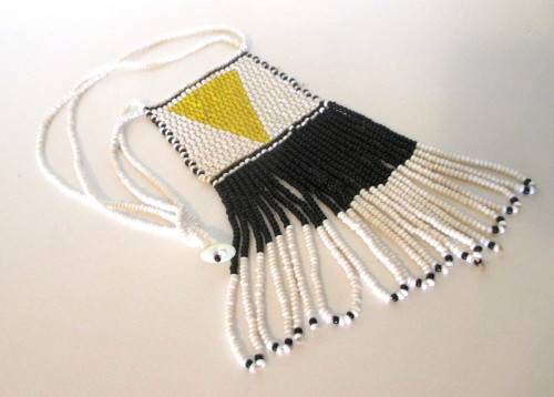 Vintage African Love Letter beaded Necklace. White, yellow and black glass beads. 300mm.
