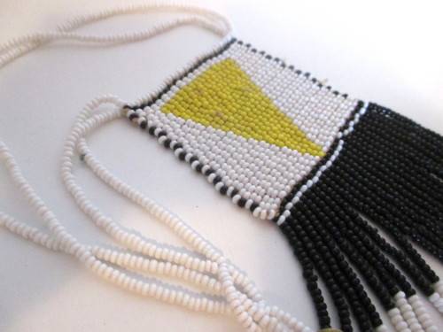 Vintage African Love Letter beaded Necklace. White, yellow and black glass beads. 300mm.
