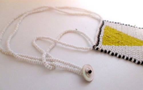 Vintage African Love Letter beaded Necklace. White, yellow and black glass beads. 300mm.